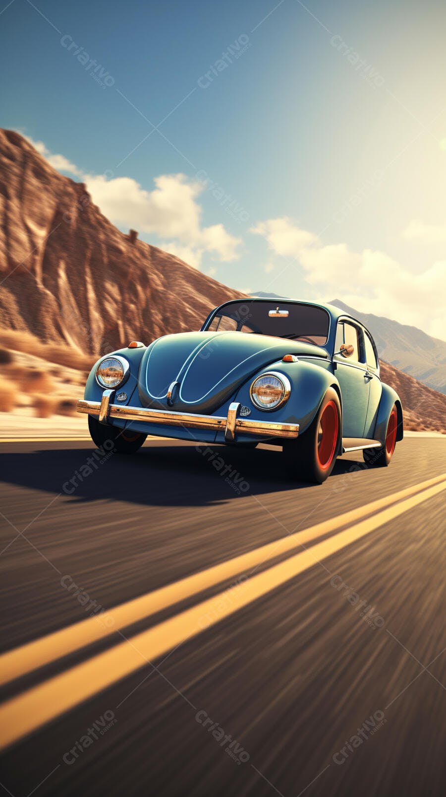 Fusca azul dirigindo em estrada desértica
