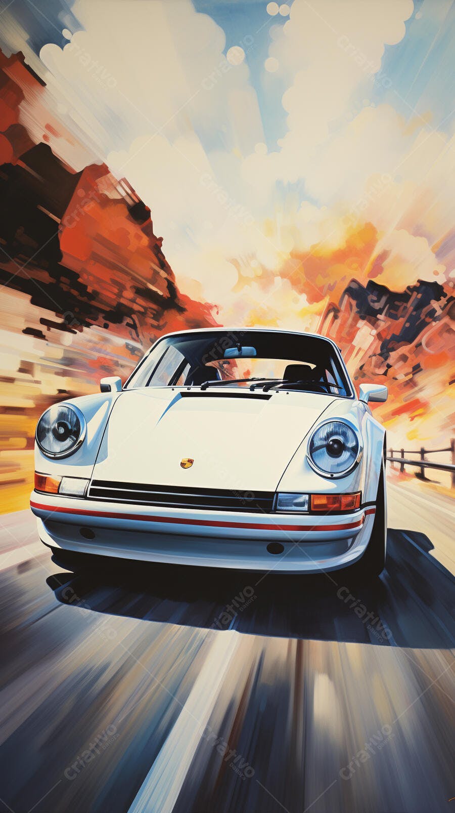 Porsche branca em estrada desértica ao pôr do sol