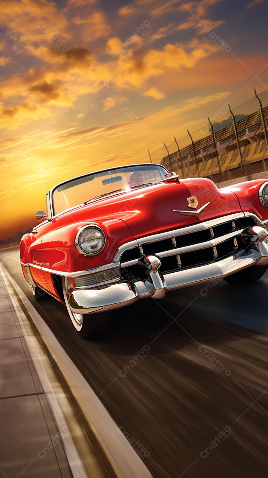 Cadillac vermelha em corrida ao pôr do sol
