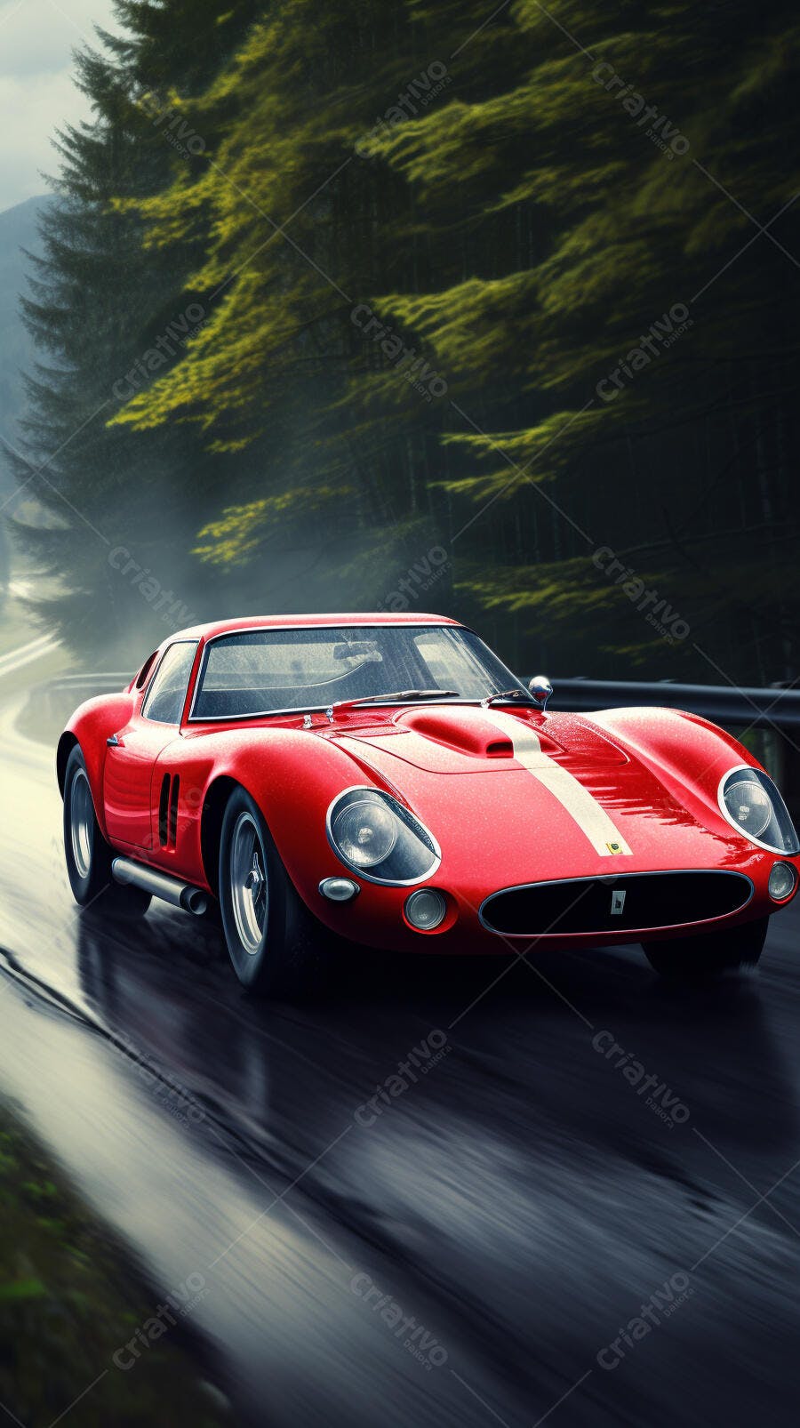 Ferrari 250 GTO vermelha em estrada chuvosa