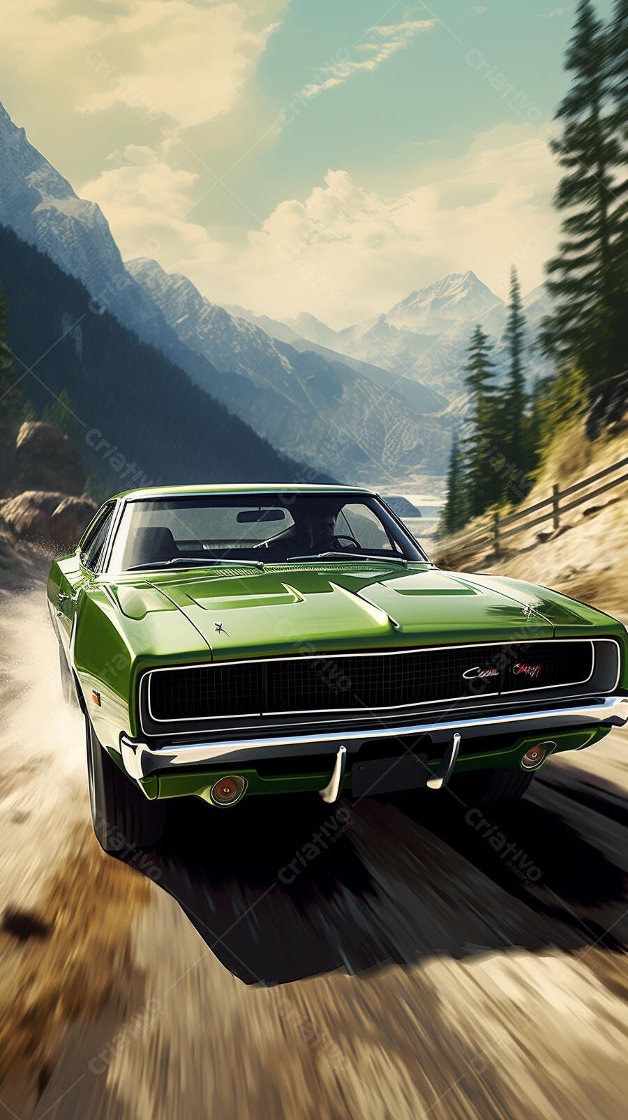 Dodge Charger Verde em Estrada Montanhosa