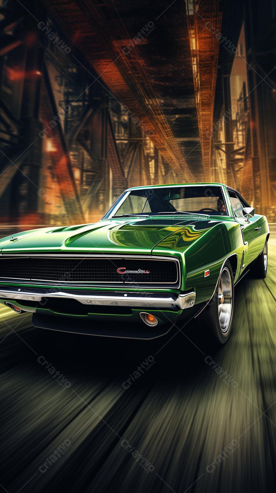 Dodge Charger Verde em alta velocidade sob viaduto