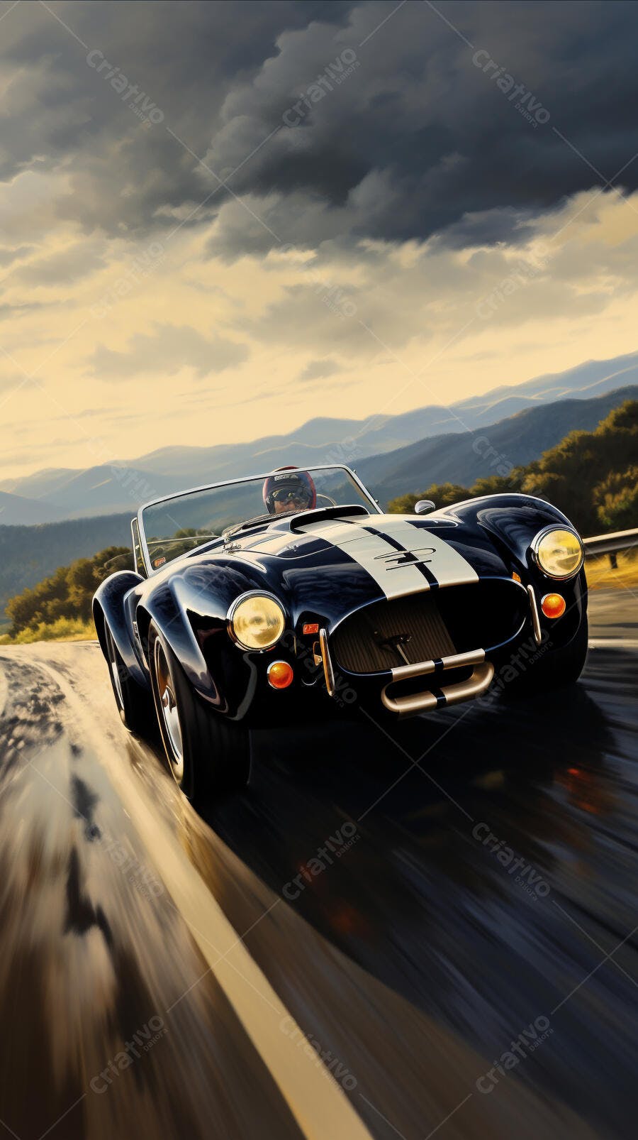 Shelby Cobra Negra em Estrada Montanhosa