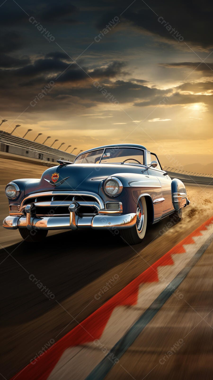 Cadillac conversível azul em corrida ao entardecer