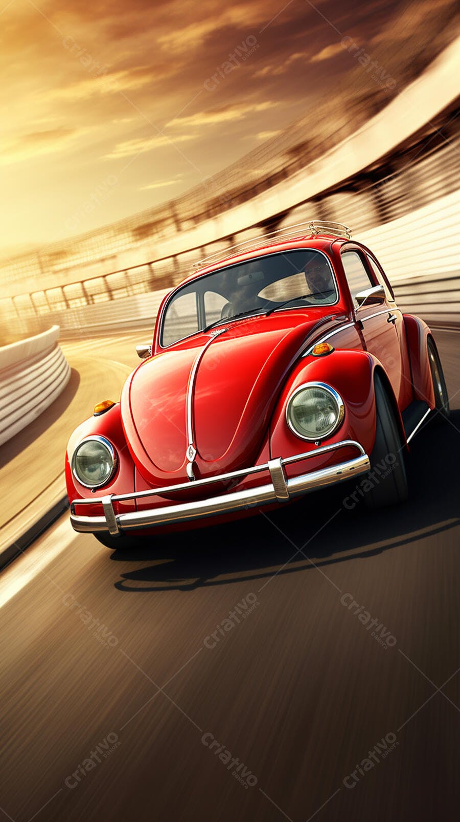 Fusca vermelho em corrida ao entardecer