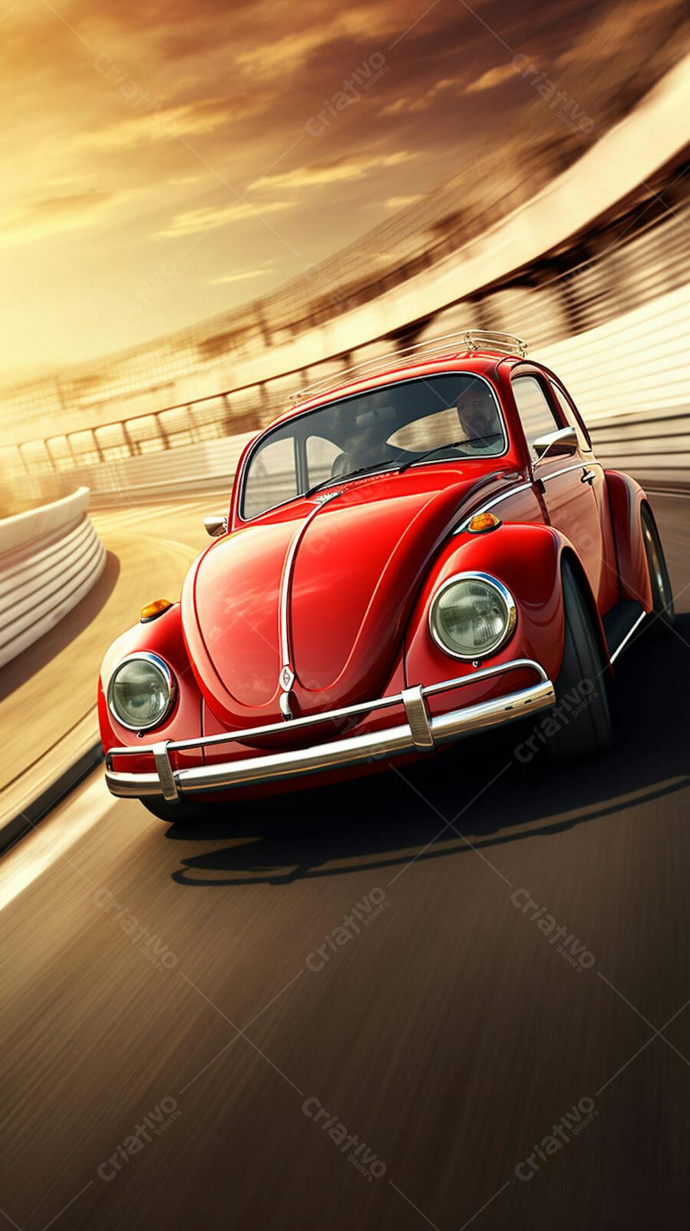 Carro Fusca vermelho esportivo clássico em alta velocidade em estrada sinuosa wallpaper