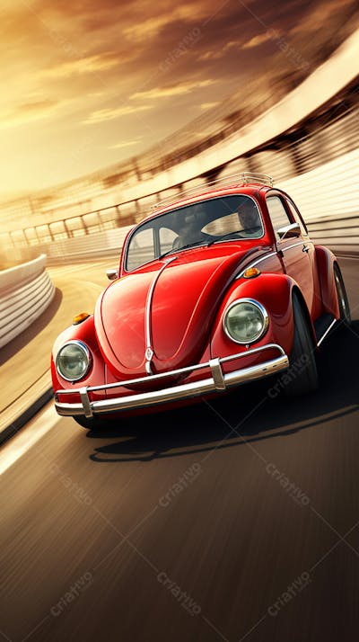 Carro Fusca vermelho esportivo clássico em alta velocidade em estrada sinuosa wallpaper