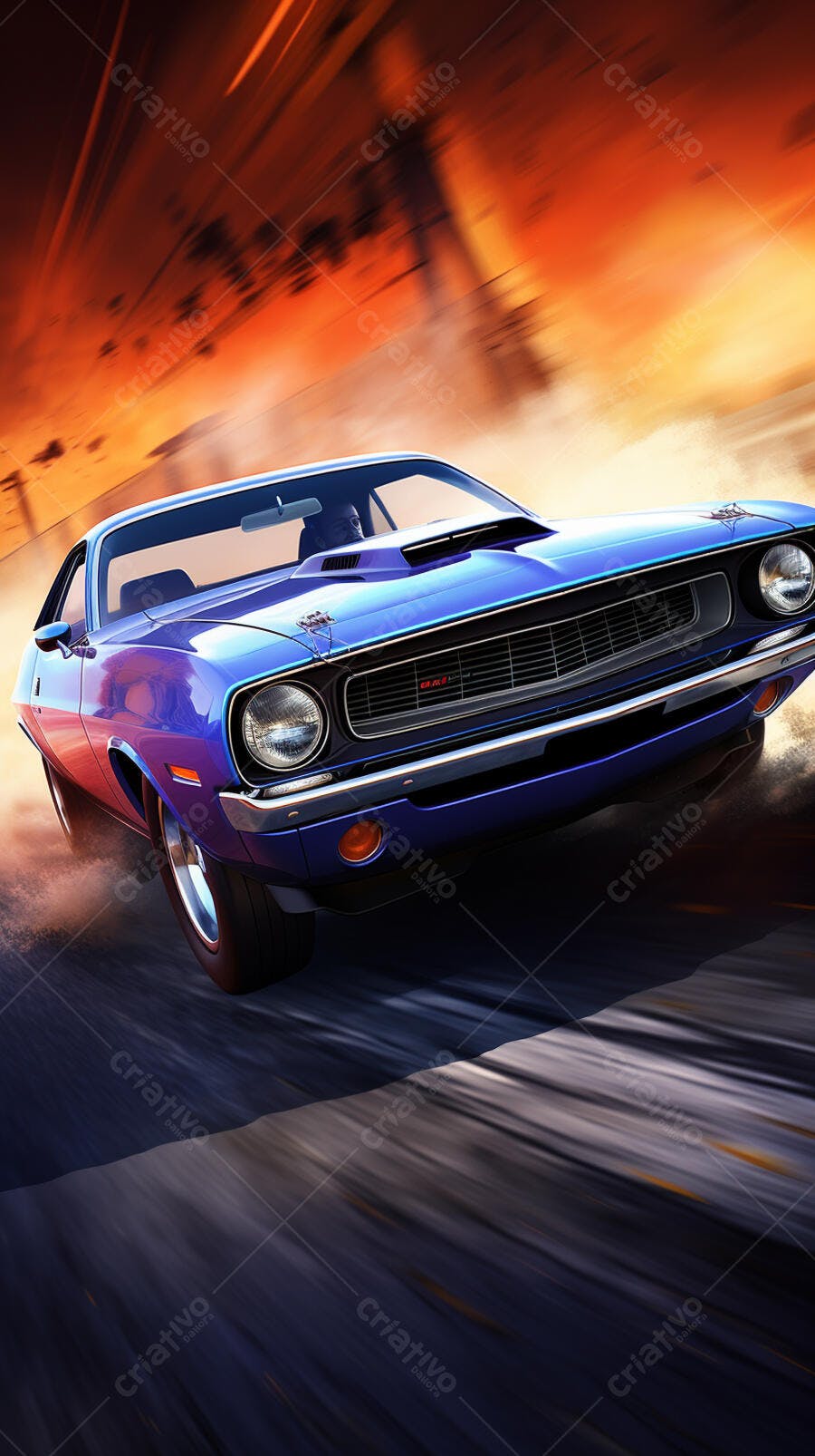 Muscle Car Azul em Alta Velocidade ao Pôr do Sol