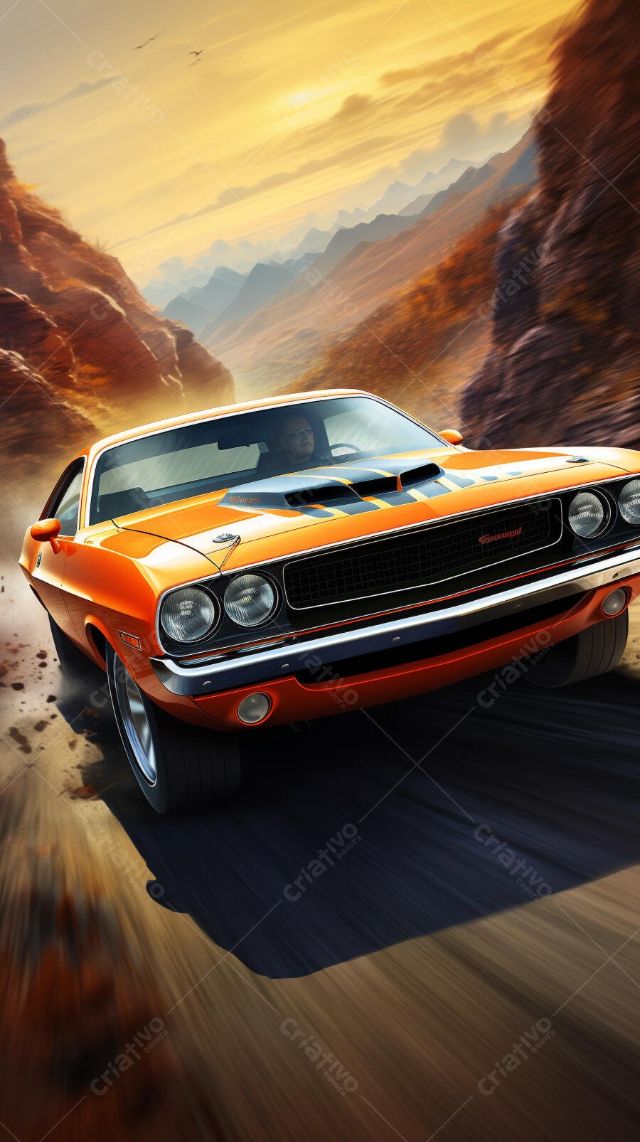 Muscle Car Laranja em Estrada Montanhosa