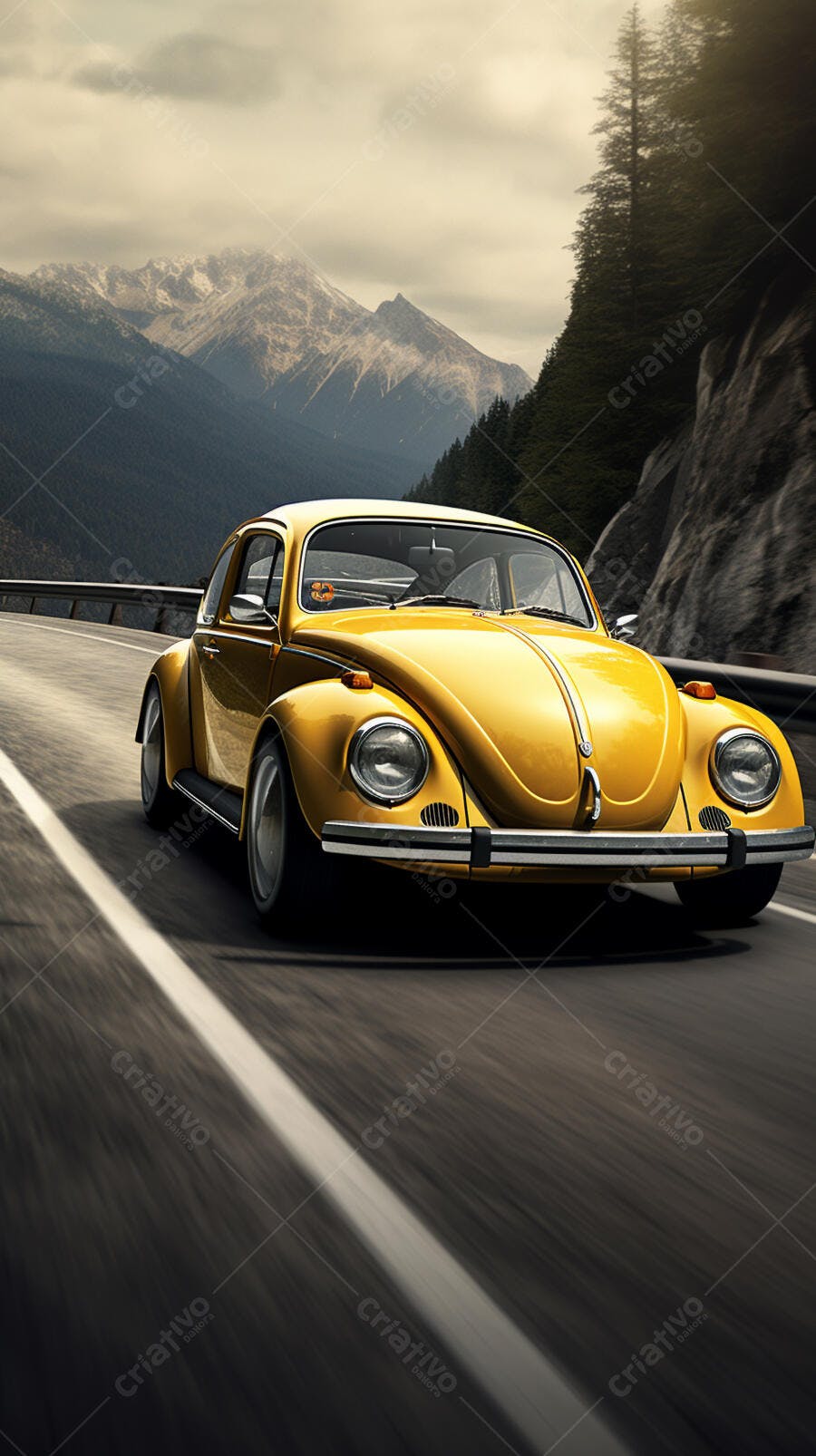 Fusca amarelo em estrada montanhosa