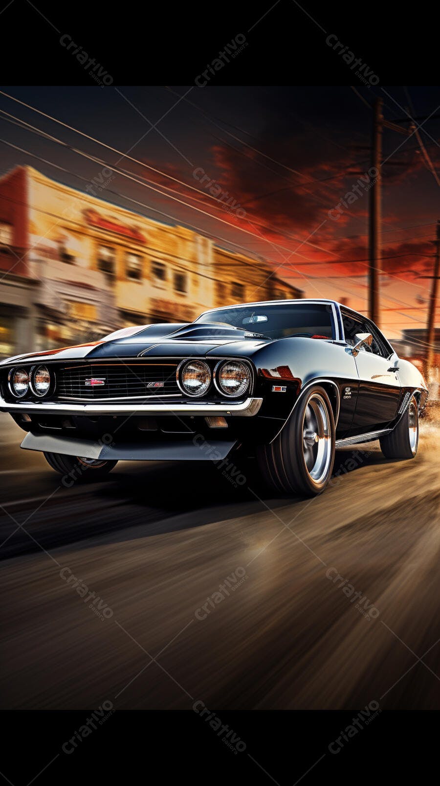 Muscle Car Preto em alta velocidade ao entardecer
