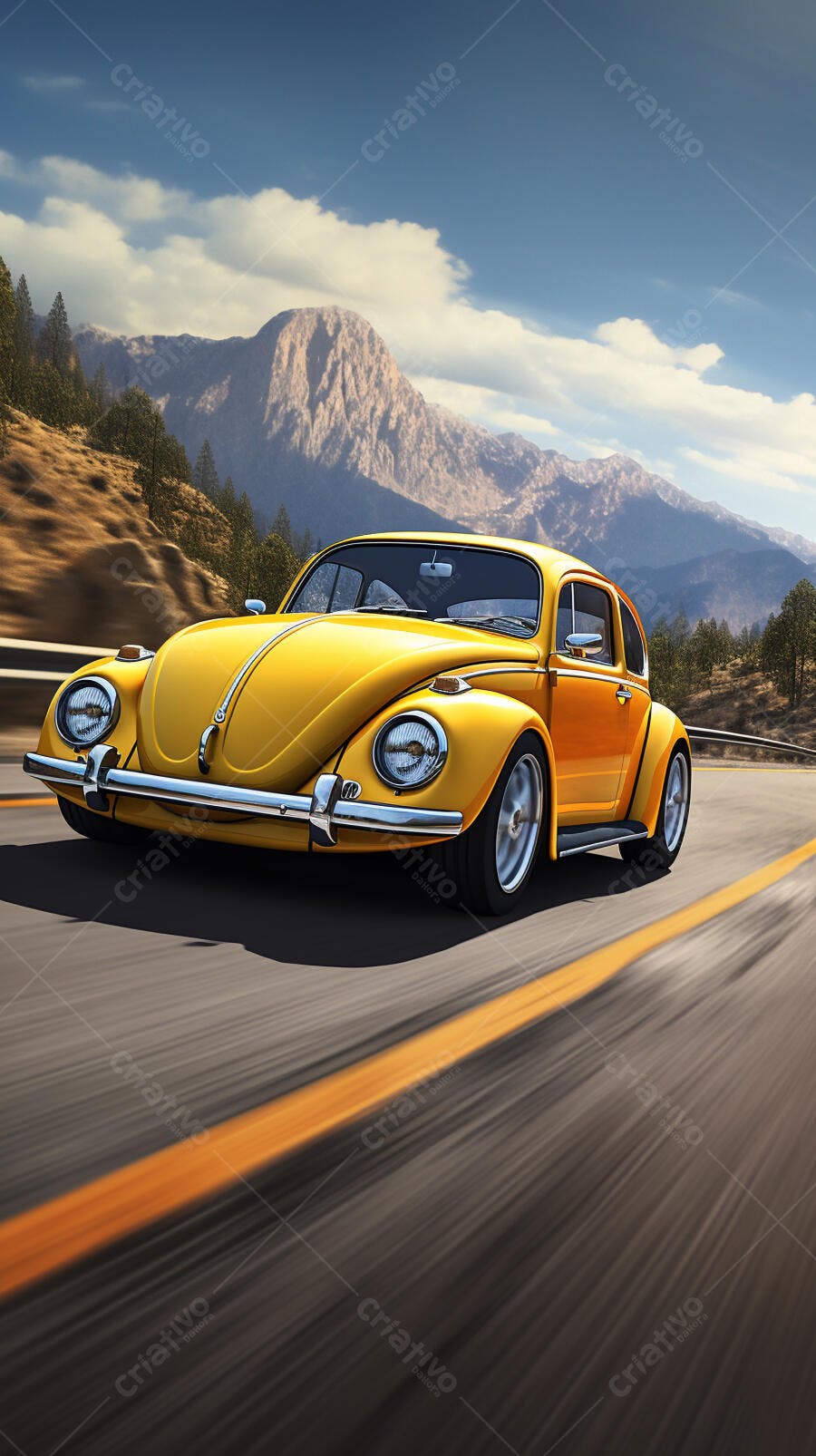 Fusca amarelo em estrada montanhosa