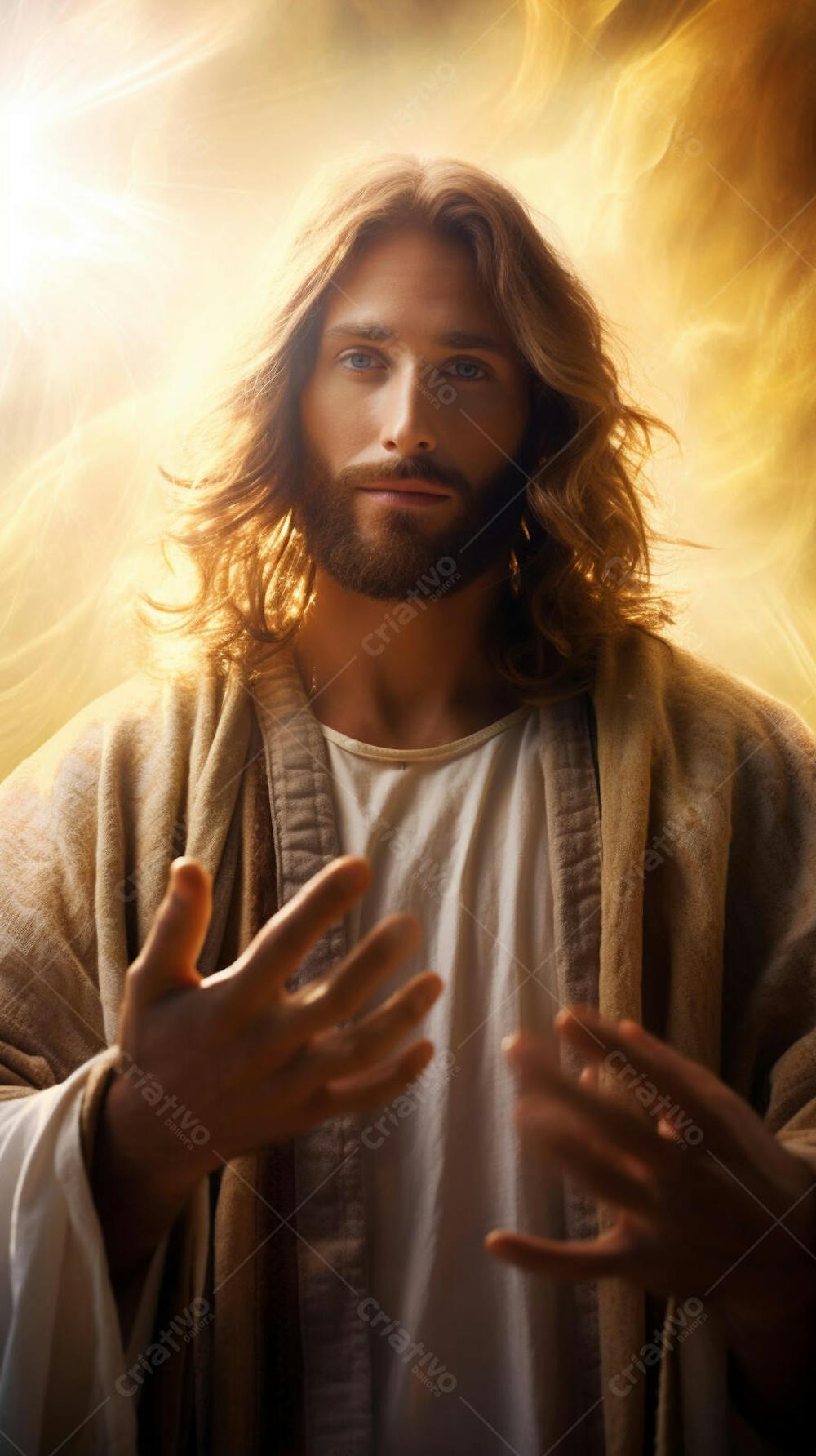 Retrato divino de Jesus com luz radiante ao fundo