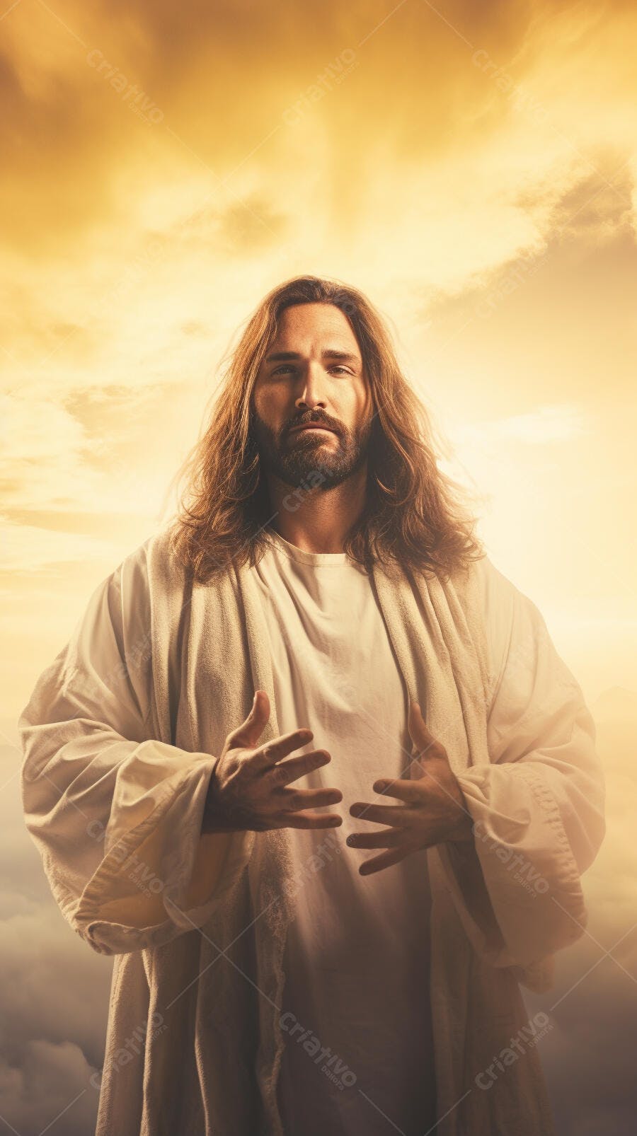 Jesus Cristo céu dourado braços abertos