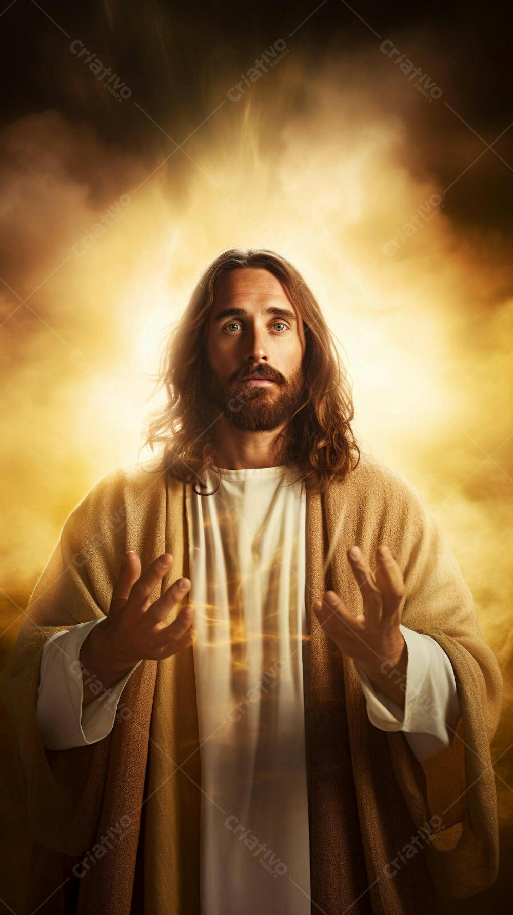 Retrato divino de Jesus com luz radiante ao fundo
