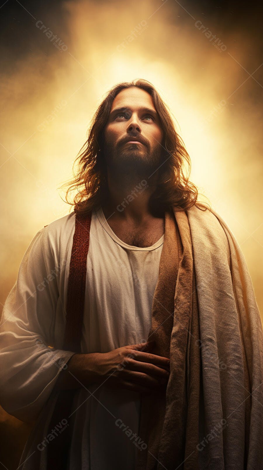 Jesus Cristo em oração tons dourados