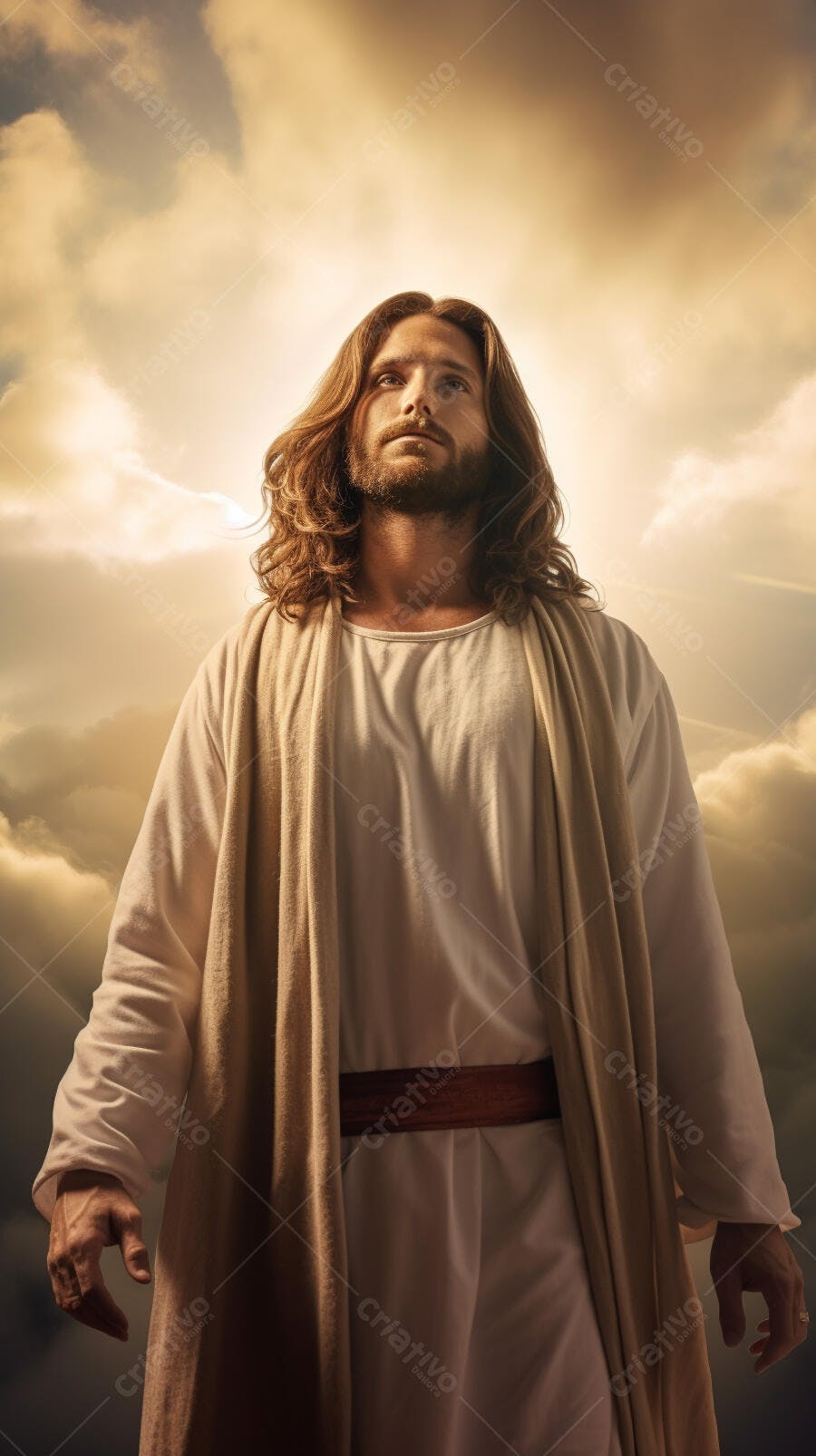 Jesus Cristo com olhar para cima fundo céu nublado