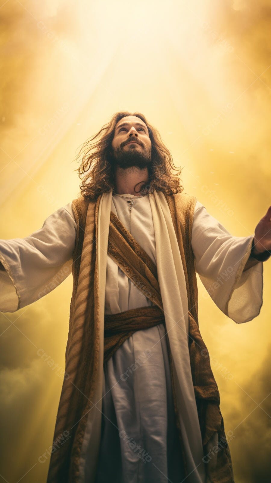 Jesus Cristo braços abertos céu dourado