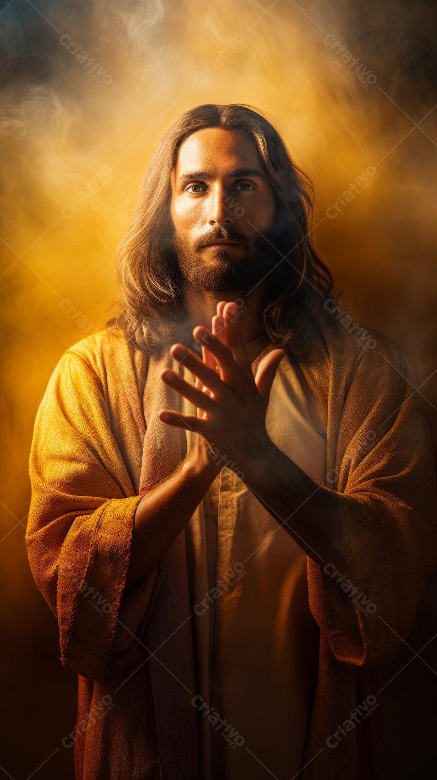 Jesus Cristo em oração tons dourados