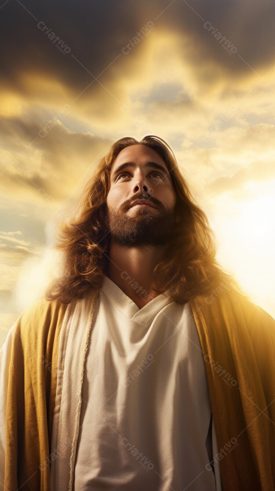 Jesus Cristo olhando para o céu ao pôr do sol