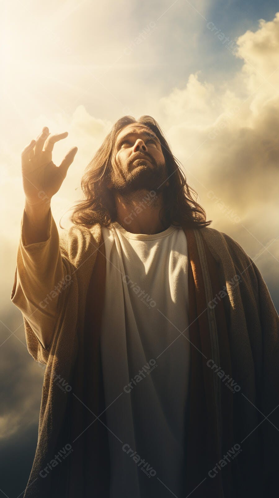 Jesus Cristo braços abertos céu ensolarado