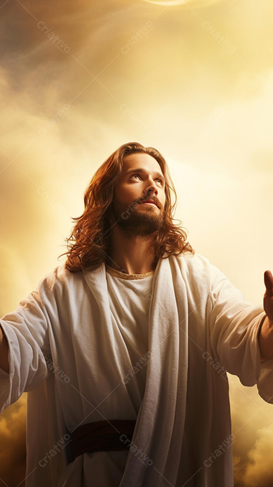 Jesus Cristo braços abertos céu dourado