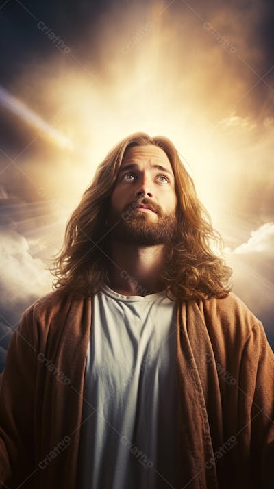 Retrato divino de Jesus com luz radiante ao fundo