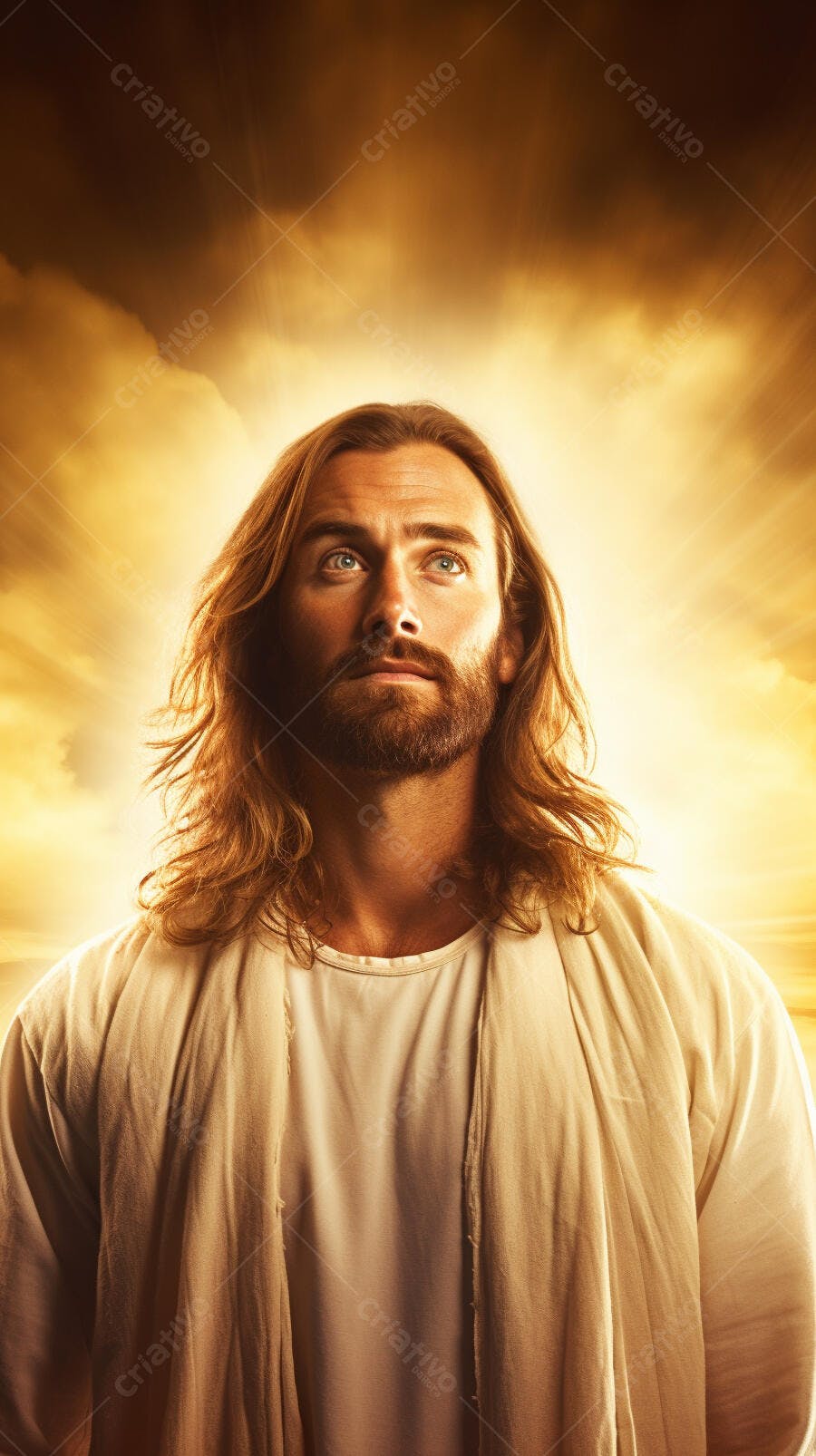 Jesus Cristo olhando para o céu dourado