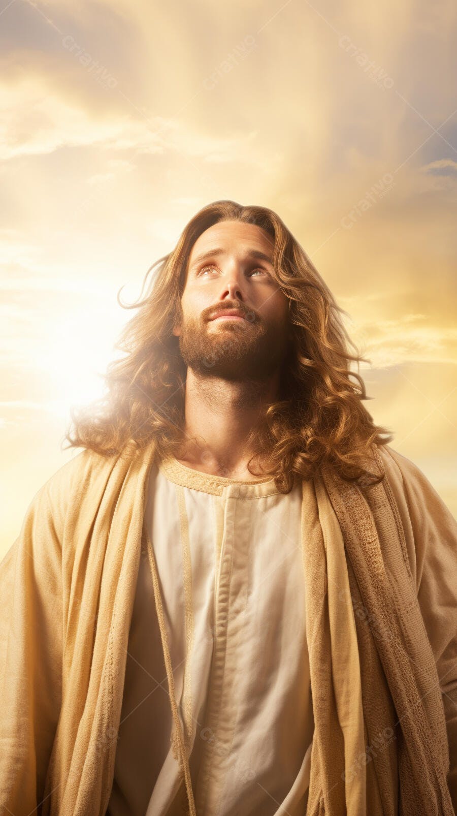 Jesus Cristo olhando para o céu ao entardecer