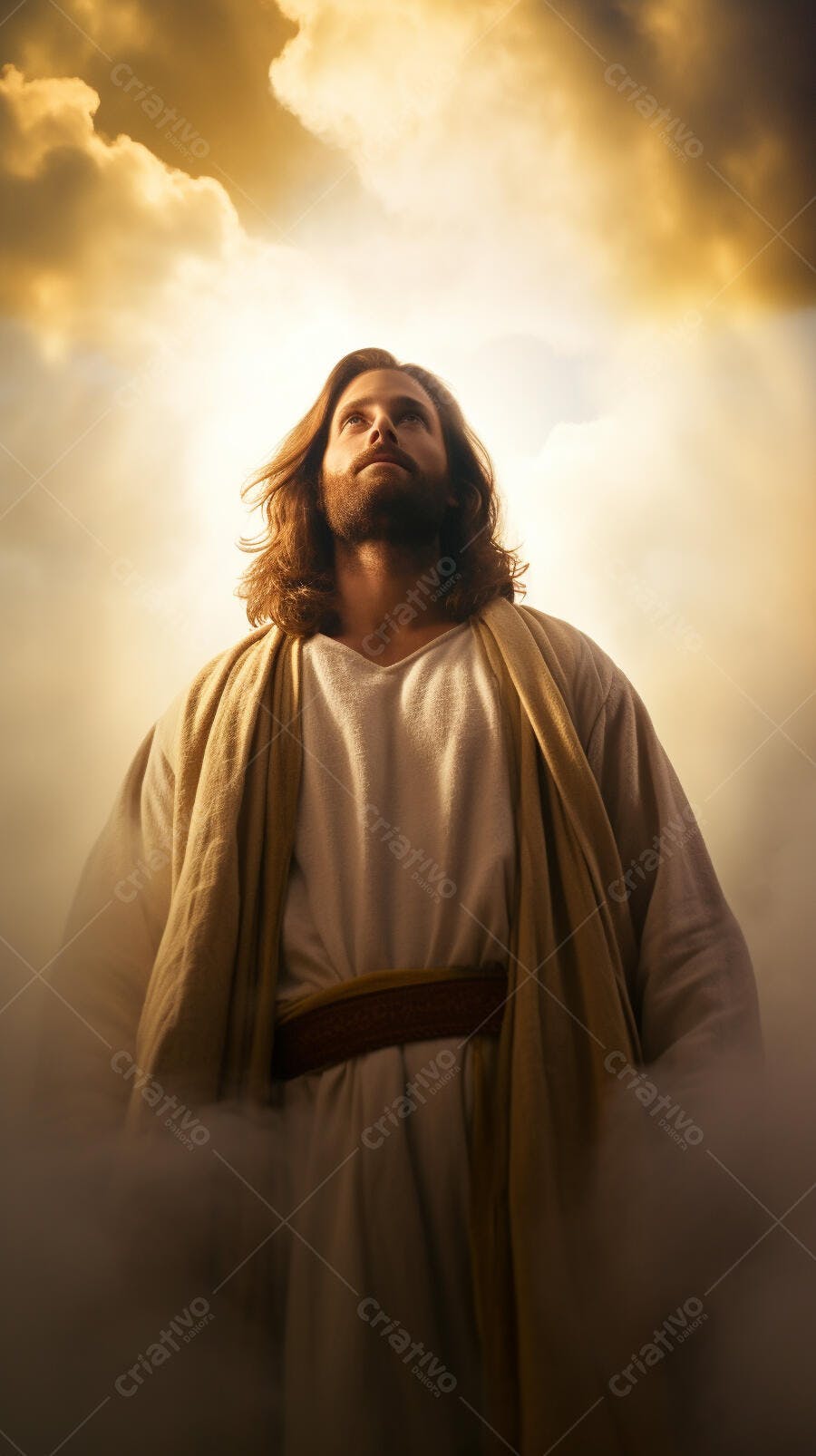 Jesus Cristo olhando para o céu dourado