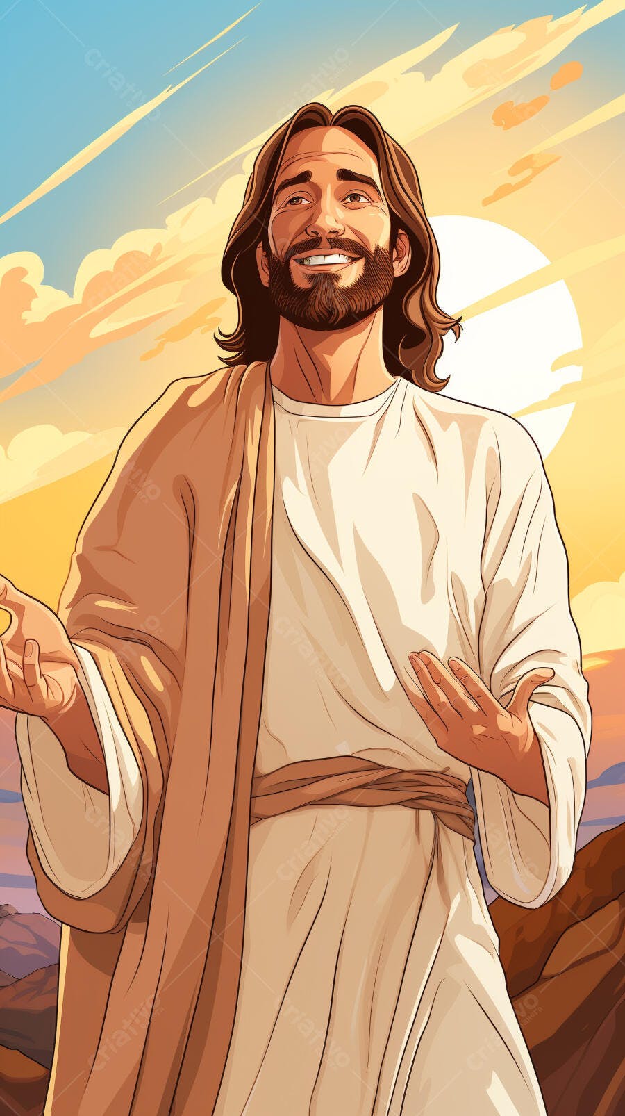 Jesus Cristo sorrindo ao pôr do sol