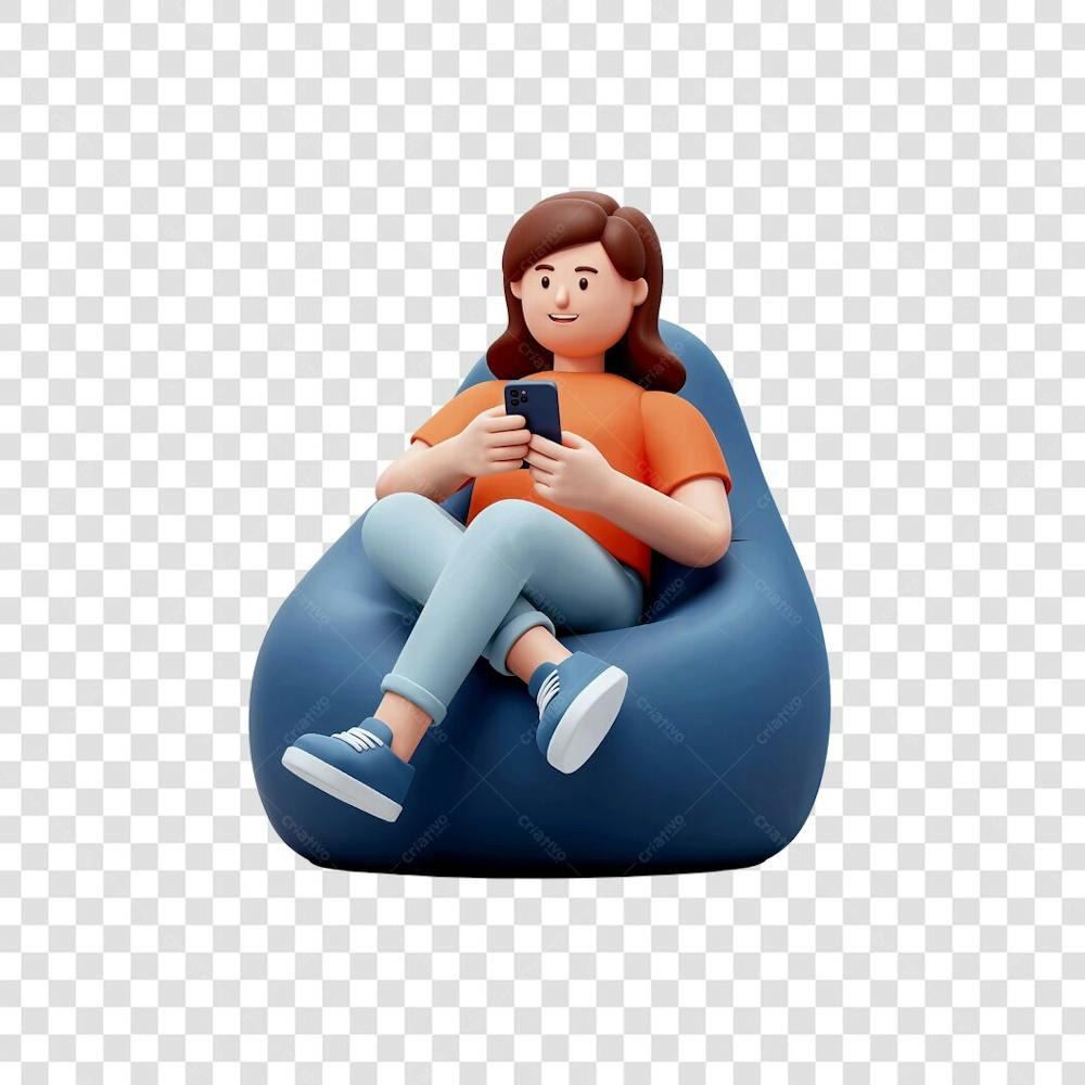 PNG Ilustração desenho animado 3D jovem sentada em uma cadeira de pufe moderna