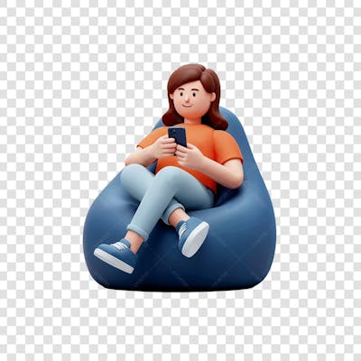 PNG Ilustração desenho animado 3D jovem sentada em uma cadeira de pufe moderna