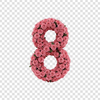 PNG Renderização 3D do número 8 enfeitado rosas