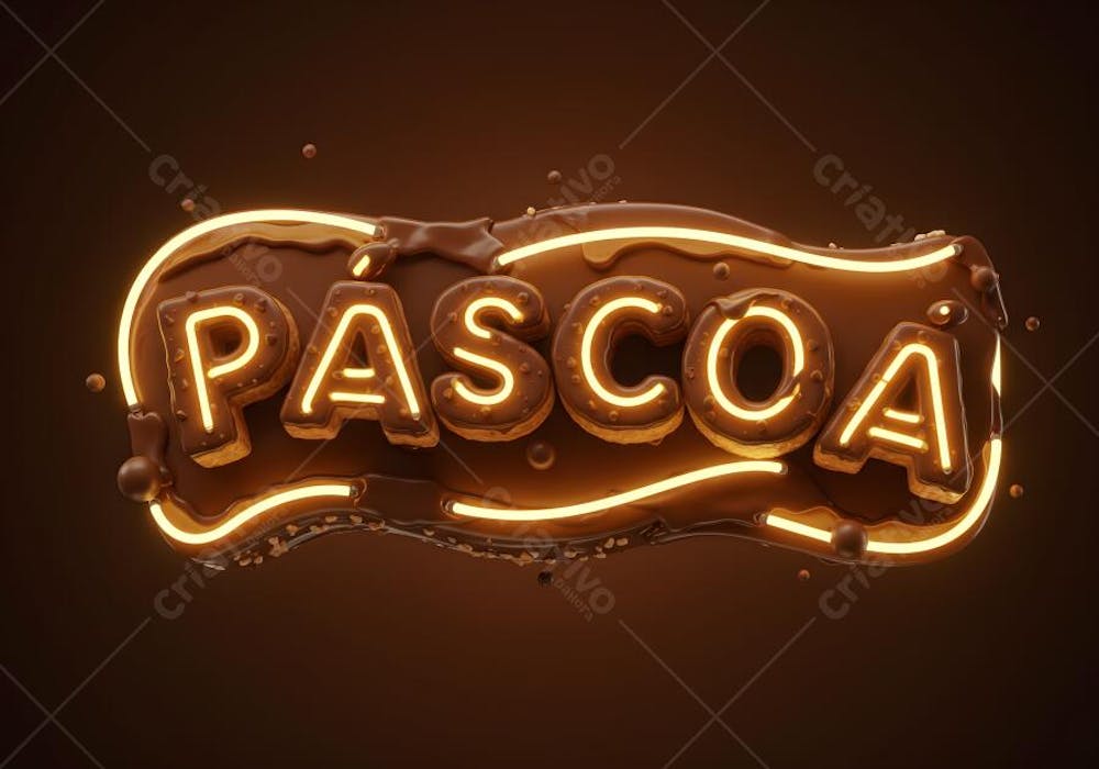 Render de Selo 3D Páscoa Luzes Neon fundo marrom