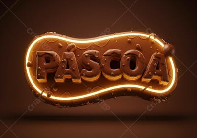 Render de Selo 3D suspenso no ar Páscoa Luzes de fio Neon fundo marrom