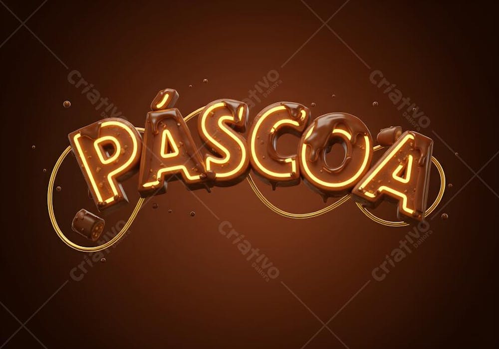 Render de Selo 3D suspenso no ar Arco de Páscoa Luzes de fio Neon cobertura chocolate fundo marrom