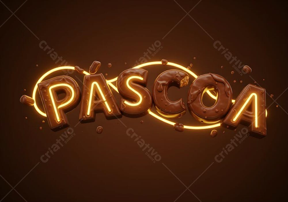 Render de Selo 3D suspenso no ar Arco de Páscoa Luzes de fio Neon de cobertura chocolate fundo marrom