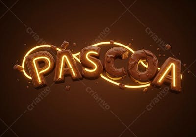 Render de Selo 3D suspenso no ar Arco de Páscoa Luzes de fio Neon de cobertura chocolate fundo marrom