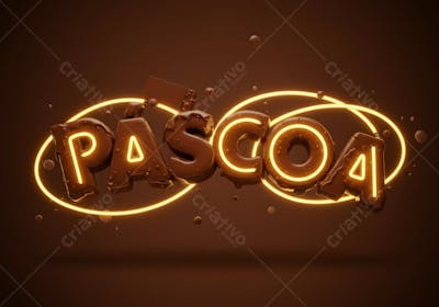 Render de Selo 3D suspenso no ar Arco de Páscoa fragrementos de chocolate Luzes de fio Neon de cobertura chocolate fundo marrom 
