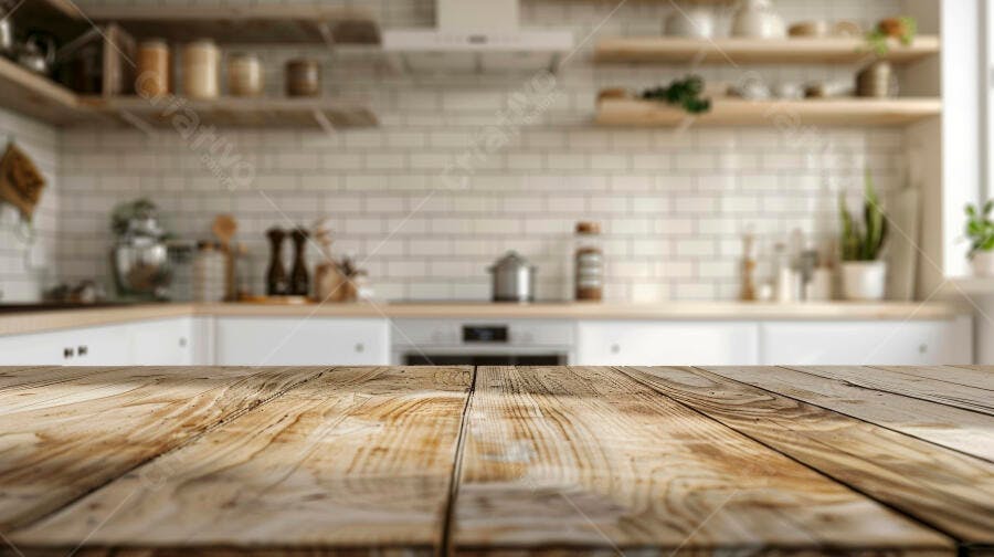 Mesa de madeira em cozinha rústica