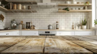 Mesa de madeira rústica em cozinha iluminada com espaço para texto