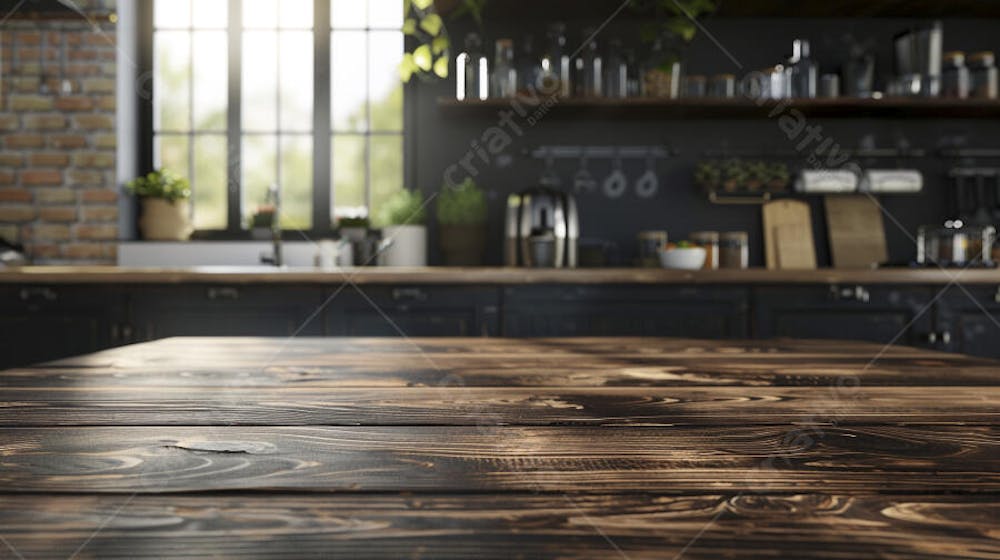 Mesa de madeira rústica em cozinha iluminada com espaço para texto