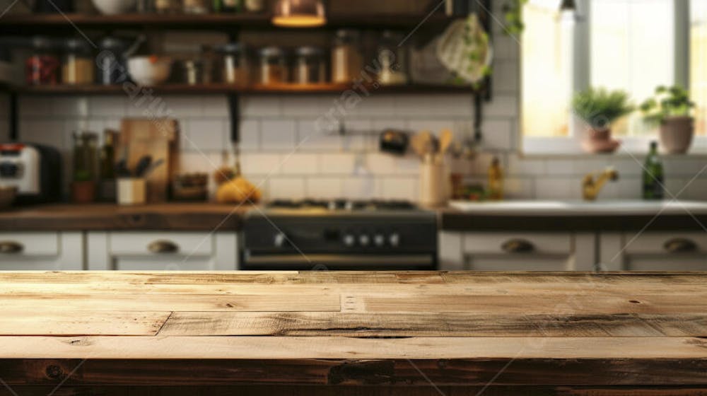 Mesa de madeira rústica em cozinha iluminada com espaço para texto
