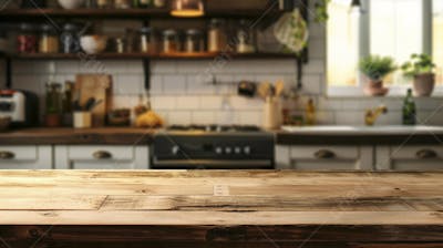Mesa de madeira rústica em cozinha iluminada com espaço para texto