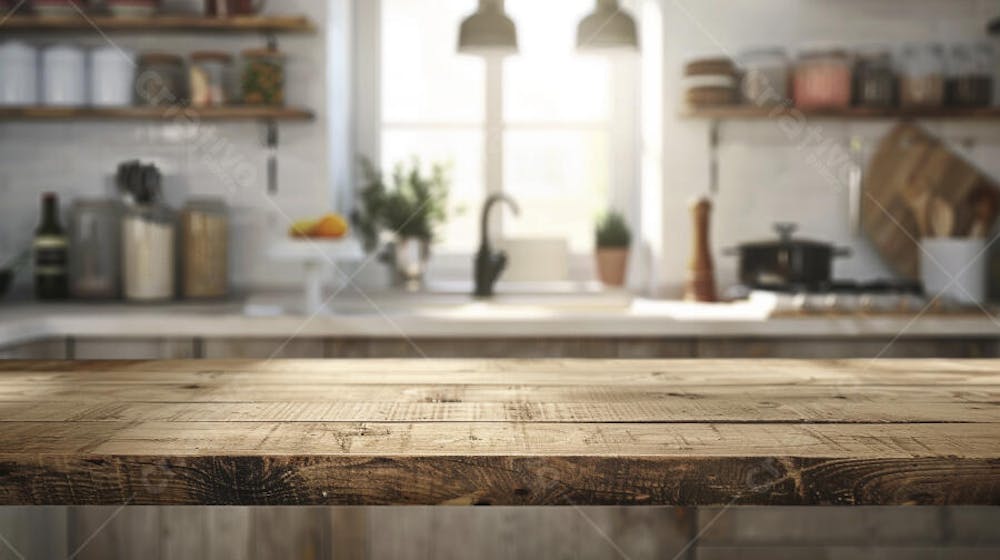 Mesa de madeira rústica em cozinha iluminada com espaço para texto