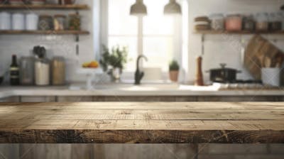 Mesa de madeira rústica em cozinha iluminada com espaço para texto