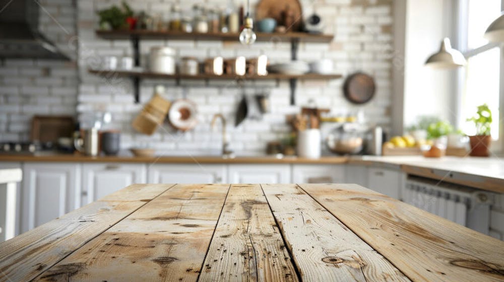 Mesa de madeira rústica em cozinha iluminada com espaço para texto