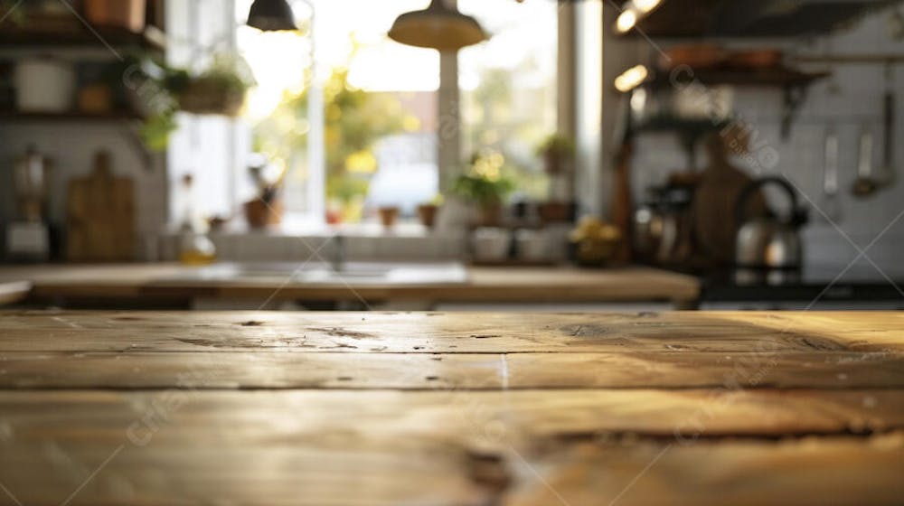 Mesa de madeira rústica em cozinha iluminada com espaço para texto