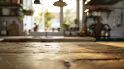 Mesa de madeira rústica em cozinha iluminada com espaço para texto